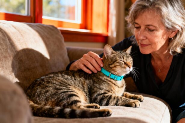 Femme de 55 ans caresse un chat détendu portant un collier turquoise, dans un intérieur naturel avec canapé doux
