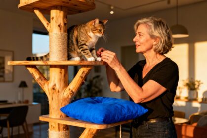 Femme européenne de 55 ans partageant un moment authentique avec son chat sur un arbre à chat en bois naturel avec coussin bleu