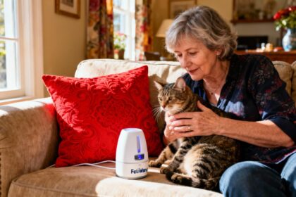 Femme de 55 ans et chat domestique détendus à côté d'un diffuseur Feliway dans un salon chaleureux