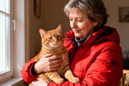 Femme de 55 ans tenant son chat roux portant un manteau rouge dans un intérieur chaleureux avec lumière naturelle