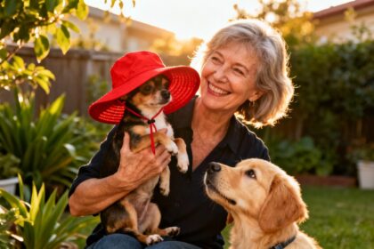 Femme européenne souriante tenant un golden retriever portant un chapeau rouge dans un jardin avec plantes vertes