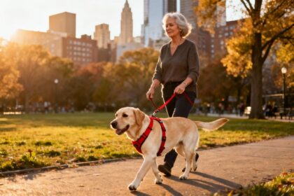 Femme âgée promenant son labrador équipé d'un harnais rouge vif dans un parc urbain ensoleillé
