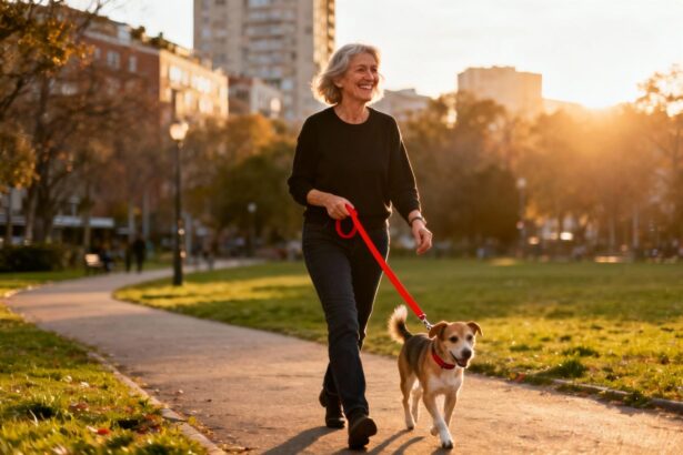 Femme souriante promenant son chien dans un parc urbain avec une laisse rouge contrastée