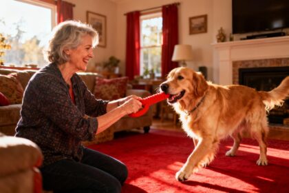 Femme de 55 ans jouant avec un golden retriever heureux dans un salon, tenant un jouet à tirer rouge vif
