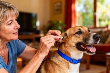 Femme de 45 ans donne un comprimé Ad Tab à son chien heureux dans un intérieur chaleureux