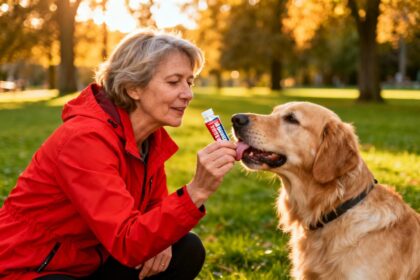 Femme de 55 ans en veste rouge donne un complément énergie à son golden retriever dans un parc vert