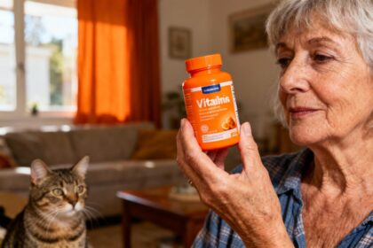 Femme européenne de 60 ans tenant un flacon de vitamines orange vif pour chat dans un intérieur chaleureux