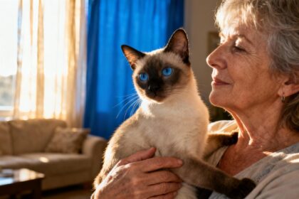 Femme de 60 ans tenant un chat siamois seal point dans un salon ensoleillé, regard hypnotique des yeux bleus du chat
