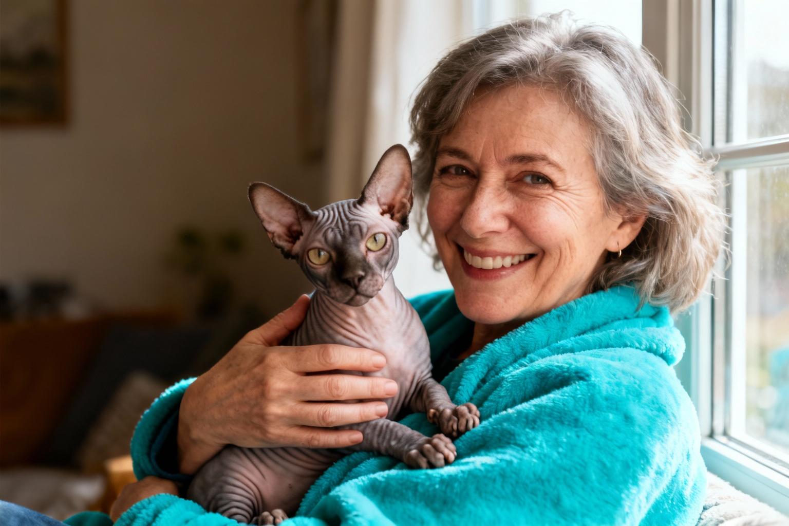 Femme de 55 ans souriante tenant un chat sphynx sans poils sur une couverture turquoise vibrante