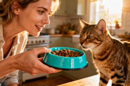 Femme européenne tenant un bol turquoise avec de la nourriture pour chat de qualité, dans une cuisine éclairée par la lumière dorée