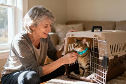 Femme de 55 ans installant son chat dans une boîte de transport avec collier turquoise, intérieur lumineux