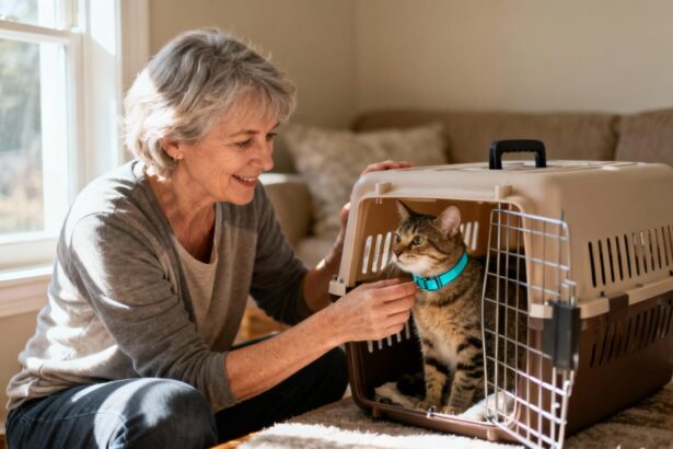 Femme de 55 ans installant son chat dans une boîte de transport avec collier turquoise, intérieur lumineux