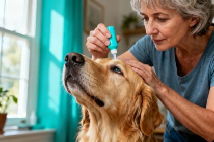 Femme de 55 ans appliquant délicatement un sérum vétérinaire turquoise sur les yeux d'un golden retriever