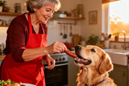 Femme de 55 ans en tablier rouge nourrissant un golden retriever avec une saucisse dans une cuisine lumineuse