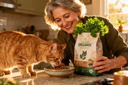 Femme souriante de 55 ans nourrissant son chat roux avec des croquettes bio dans une cuisine ensoleillée