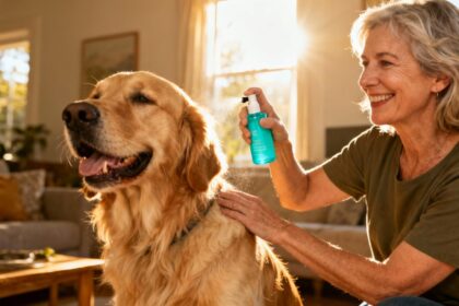 Femme souriante vaporisant un parfum naturel pour chien sur un golden retriever dans une maison ensoleillée