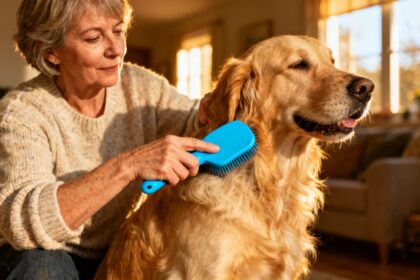 Femme de 55 ans brossant le pelage de son golden retriever avec un peigne bleu dans un intérieur chaleureux