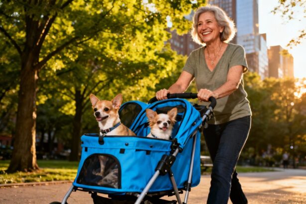 Femme souriante poussant une poussette bleue avec deux petits chiens dans un parc ensoleillé entouré d'arbres verts