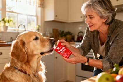 Femme de 55 ans donnant un complément probiotique à un golden retriever dans une cuisine lumineuse