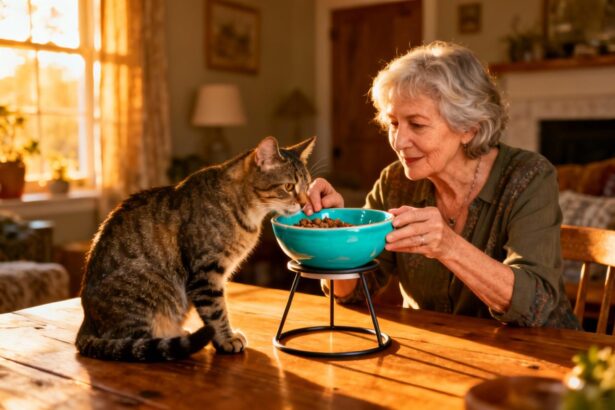 Femme âgée de 65 ans interagissant avec un chat devant une gamelle surélevée en céramique turquoise sur table en bois