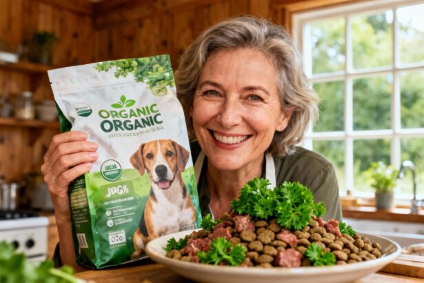 Femme de 55 ans souriante tenant un sac de nourriture bio pour chien dans une cuisine avec fond en bois et persil frais