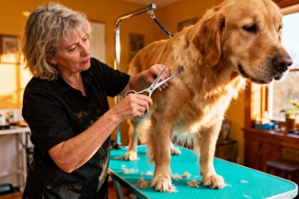 Femme de 55 ans toilettant son golden retriever avec des ciseaux professionnels sur table turquoise