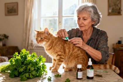 Femme âgée appliquant un remède maison à base de persil sur un chat roux dans une cuisine ensoleillée