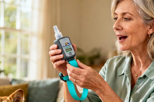 Femme de 55 ans tenant délicatement un collier anti-aboiement PetSafe pour chien, avec une sangle turquoise