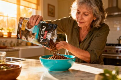 Femme de 55 ans versant des croquettes Pro Plan dans un bol en céramique turquoise sur une table de cuisine