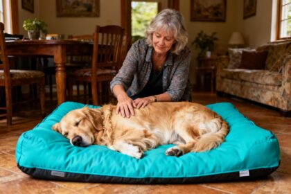 Golden retriever adulte dormant paisiblement sur un coussin orthopédique turquoise, une femme caresse son pelage