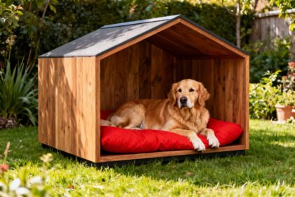 Golden retriever européen reposant dans une niche moderne en bois avec coussin rouge vif, dans un jardin naturel