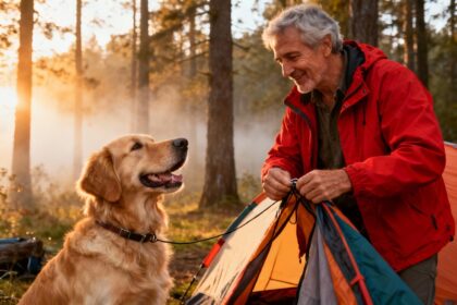 Homme en veste rouge installant une tente de camping avec son chien golden retriever dans une forêt brumeuse