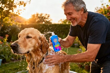 Homme de 55 ans lavant son golden retriever avec un shampoing bleu dans le jardin, éclaboussures d'eau visibles