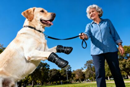 Labrador retriever portant des bottes bleues vives sur les pattes avant, tenu en laisse par une femme dans un parc ensoleillé