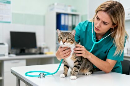 Vétérinaire européenne examinant un chat inquiet sur une table de consultation dans une clinique lumineuse