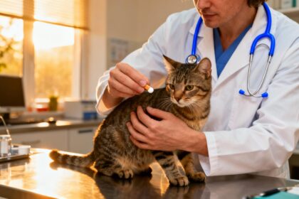 Vétérinaire en blouse blanche donnant un comprimé de késium à un chat dans une clinique