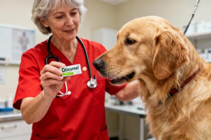 Vétérinaire en blouse rouge tenant un comprimé Drontal devant un golden retriever dans une clinique bien éclairée