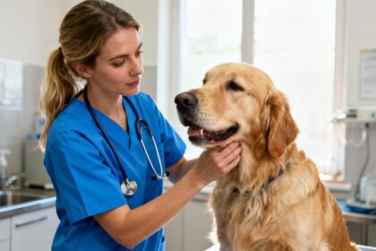 Femme vétérinaire en bleu examinant un golden retriever dans une clinique avec lumière naturelle