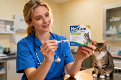 Femme vétérinaire en bleu tenant une pipette NexGard Combo près d'un chat dans une clinique