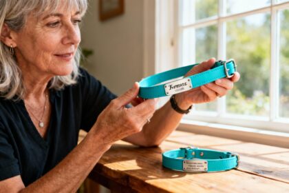 Collier pour chien turquoise avec étiquette gravée tenu par une femme montrant les détails de personnalisation