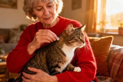 Femme de 55 ans en pull rouge administrant un comprimé Capstar contre les puces à son chat dans un intérieur chaleureux