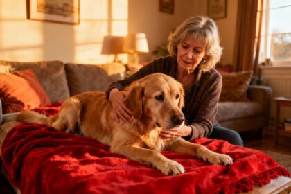 Femme de 55 ans réconfortant un golden retriever anxieux enveloppé dans une couverture rouge, intérieur chaleureux
