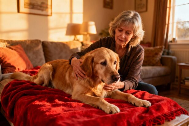 Femme de 55 ans réconfortant un golden retriever anxieux enveloppé dans une couverture rouge, intérieur chaleureux