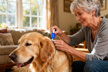 Femme de 60 ans appliquant un traitement antipuce à son golden retriever dans un intérieur chaleureux