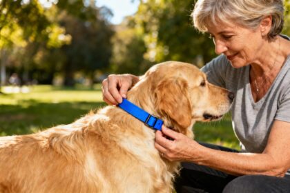 Femme de 55 ans attachant un collier anti-puces bleu vif à son golden retriever dans un parc ensoleillé