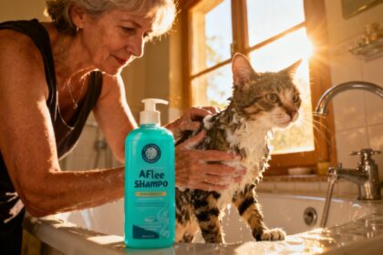 Femme de 55 ans baignant son chat avec un shampoing anti-puces turquoise dans une salle de bain lumineuse