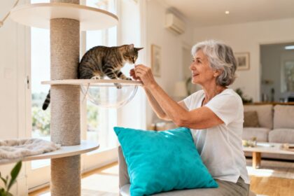 Femme de 60 ans interagissant avec un chat sur un arbre à chat moderne dans un salon lumineux avec coussin turquoise