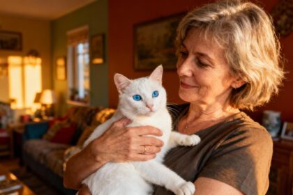 Femme âgée tenant doucement un chat blanc aux yeux bleus dans un intérieur chaleureux éclairé par la lumière naturelle