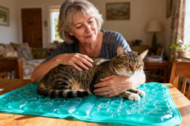Femme de 55 ans tenant son chat reposant sur un tapis rafraîchissant turquoise dans un intérieur naturellement éclairé