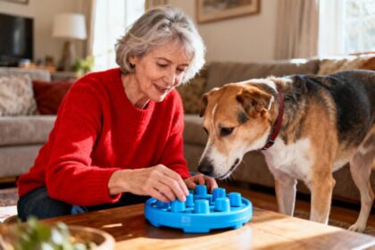 Femme de 55 ans en pull rouge jouant avec son chien utilisant un jouet puzzle bleu dans un salon lumineux